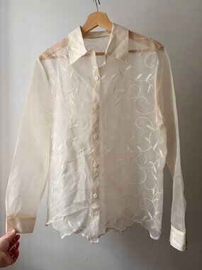 1990s Embroidered Sheer Cream Blouse